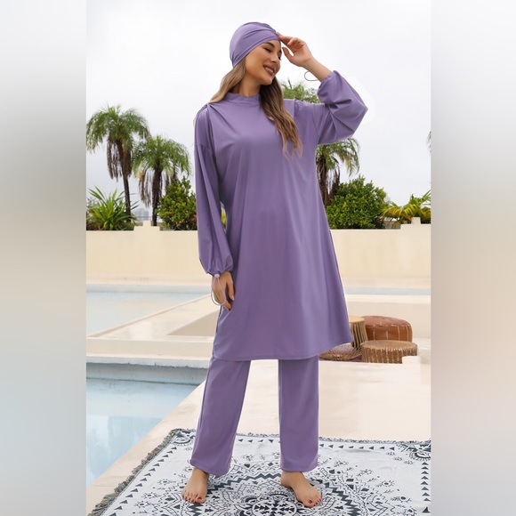 Cap, Drawstring Mock Neck Long Sleeve Top and Pants Swim Set - Picture 5 of 10